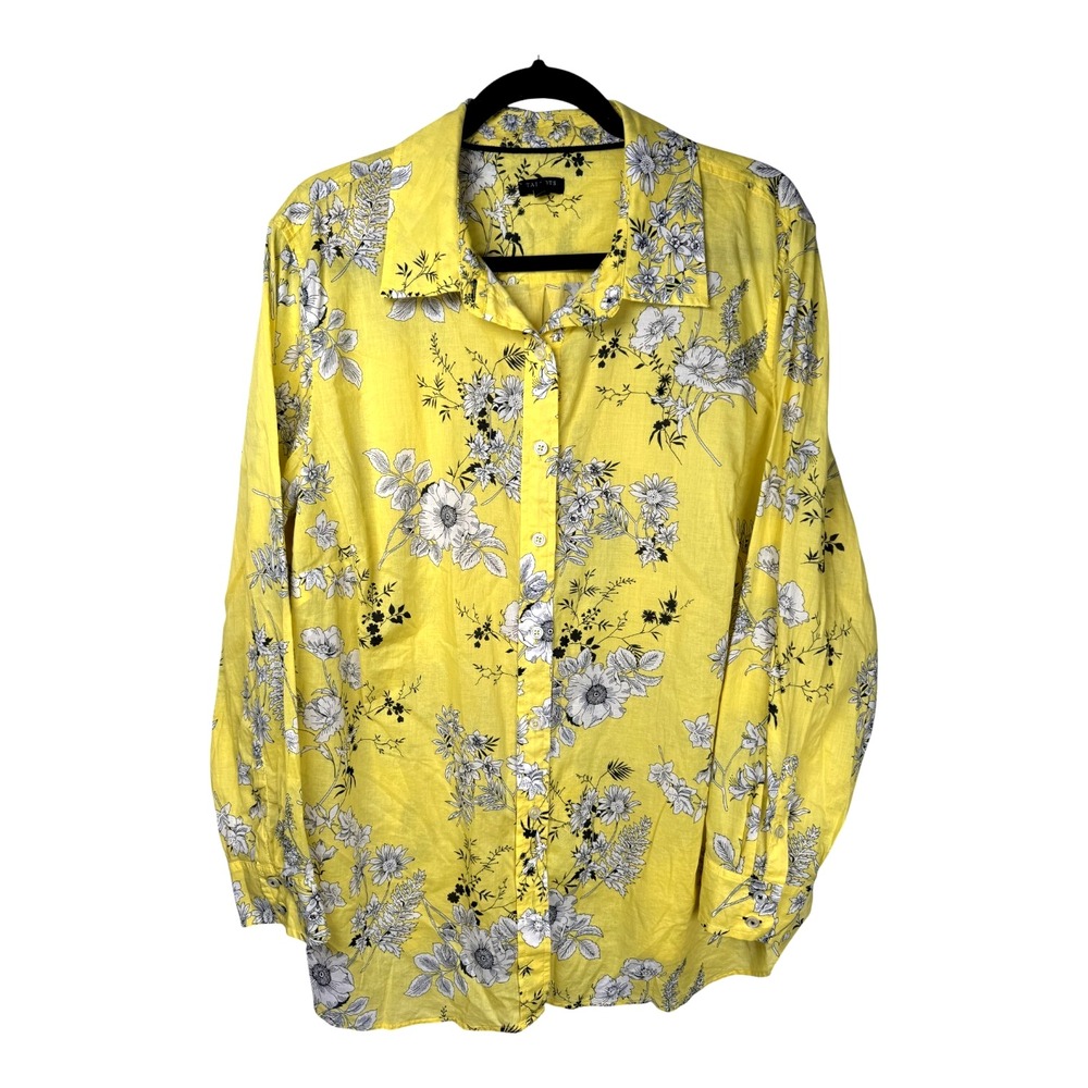 Talbots Womens 2X Top Yellow Floral Cotton Long Sleeve Lightweight Office Summer